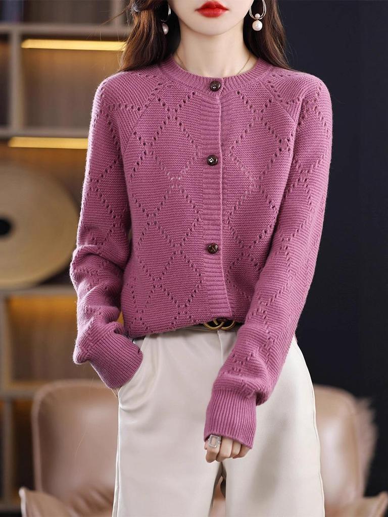 Damen Kaschmirwolle Strickjacke - Gestrickter Rundhals-Pullover für Herbst/Winter Mode