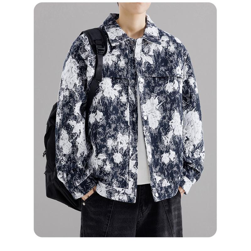 Men's Floral Print Denim Jacket, Vintage Button Down Trucker Jacket with Turn-Down Collar, Casual Streetwear Outerwear for Spring & Autumn