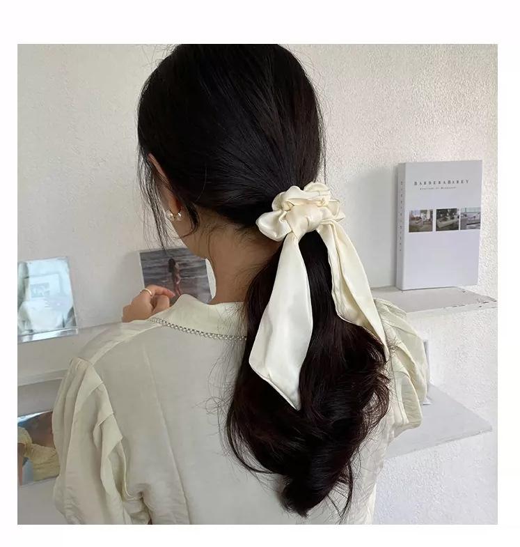 Satin Bow Scrunchie with Long Ribbon Tail for Women - Elegant Hair Tie with Streamer, Silky Hair Scarf for Summer Hairstyles