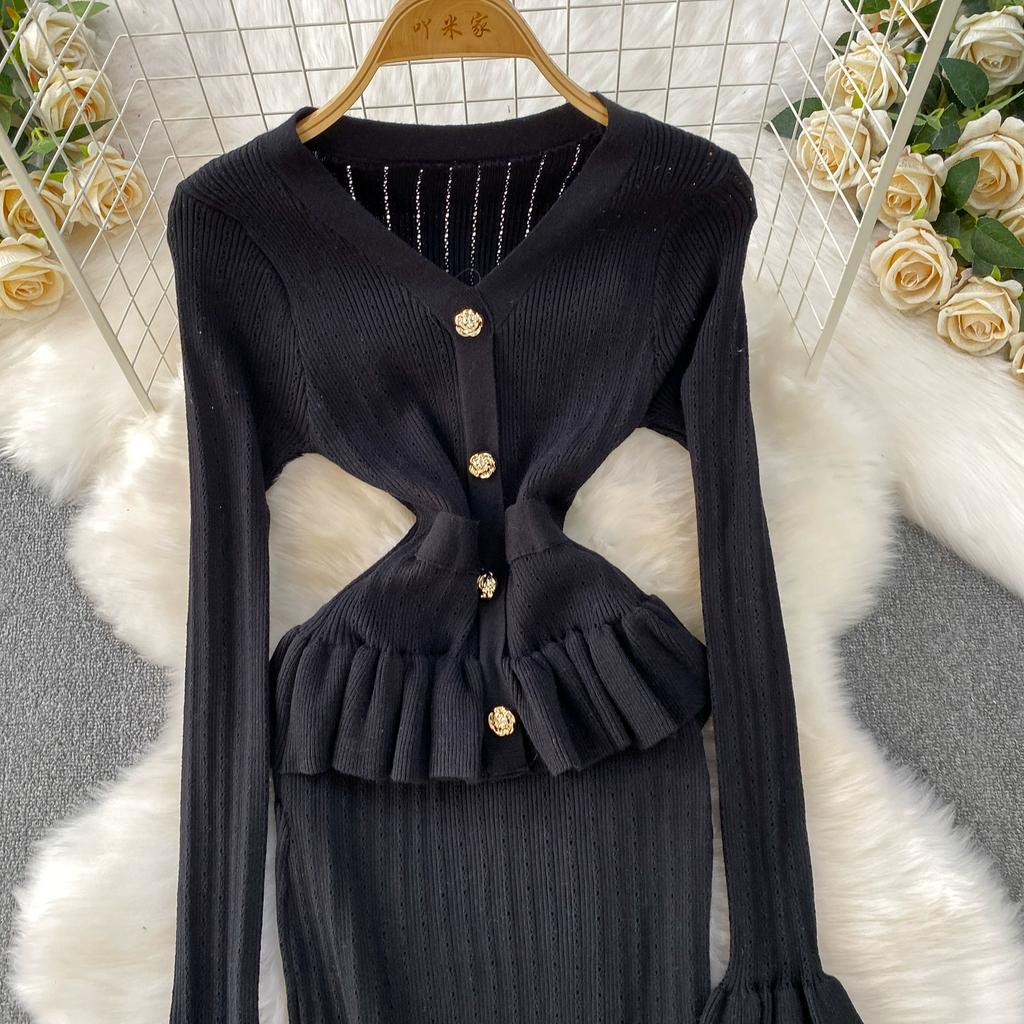 Autumn Winter Women Elegant V-neck Knitted Sweater Metal Button Christmas Party Long Midi Fishtail Dresses