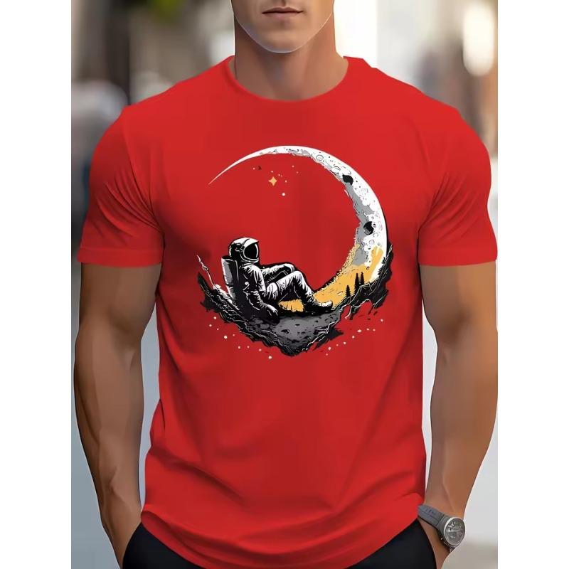Men's Summer 100 Cotton Fashionable Casual Loose Plus Size Landing Moon Pattern Printed Sports Round Neck Short Sleeved T-shirt