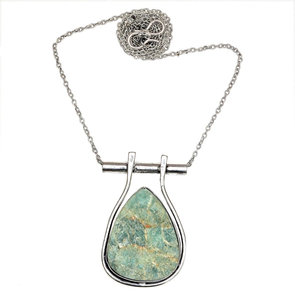 Necklace Amazonite Gemstone Natural Beads Round 20" Blue Pendant Silver Faceted