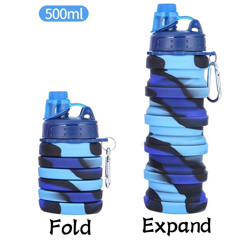 Portable Collapsible Silicone Water Bottle with Lid Camouflage Foldable Kettle For Sports Travel Drinking Cup With Carabiner Cup
