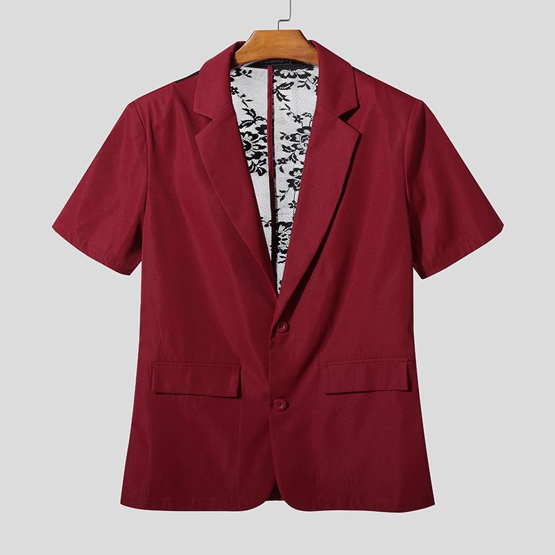 INCERUN Oversized Men Lapel Neck Short Sleeve Back Lace Casual Blazer Tops