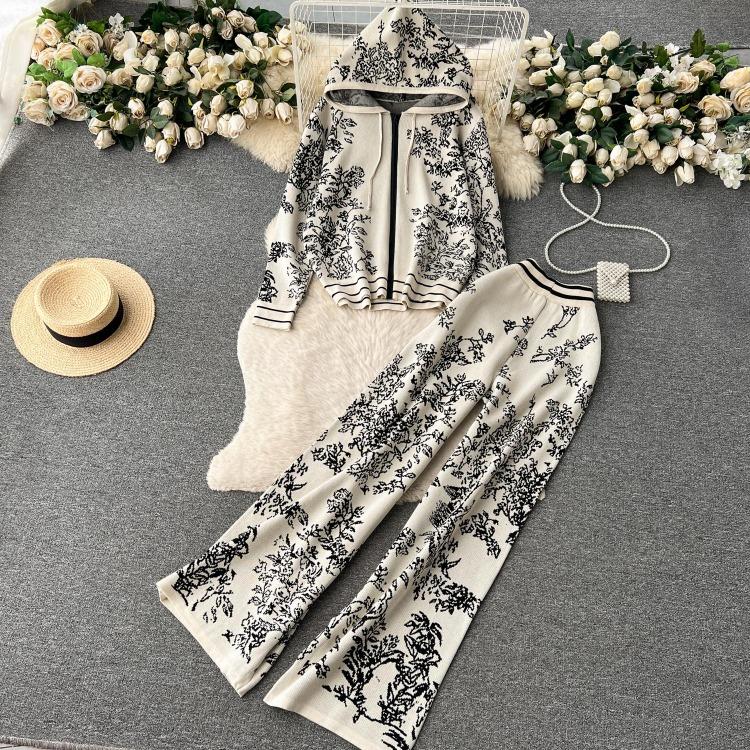 Damen Premium Print Kapuzenpullover Hohe Taille Weite Beinhosen Lässige Sport Strickwaren Zweiteiliges Set Mode Altersreduzierend