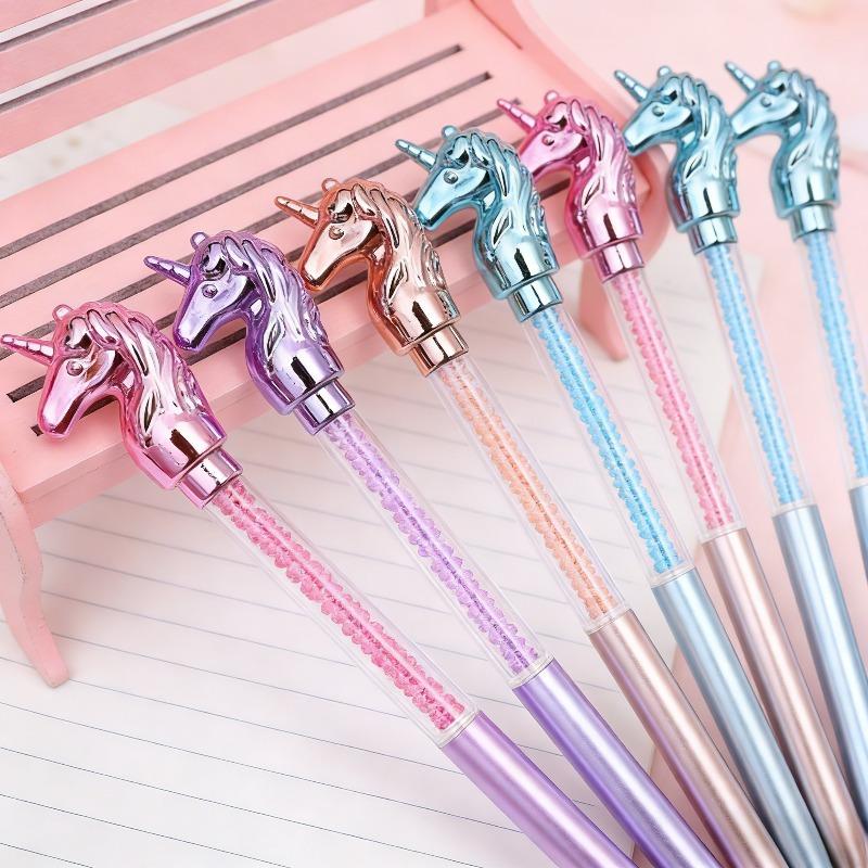 4Pcs Cute Unicorn Crystal Ballpoint Pens Creative Diamond Rotating Blue Writing Ballpoint Pen Unicorn Cat Love Style