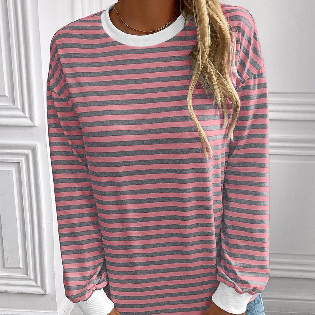 Maglietta a maniche lunghe con scollo rotondo a righe larghe casual, Felpa, Top a righe blu navy per donna uomo, Transfrontaliero Europa America
