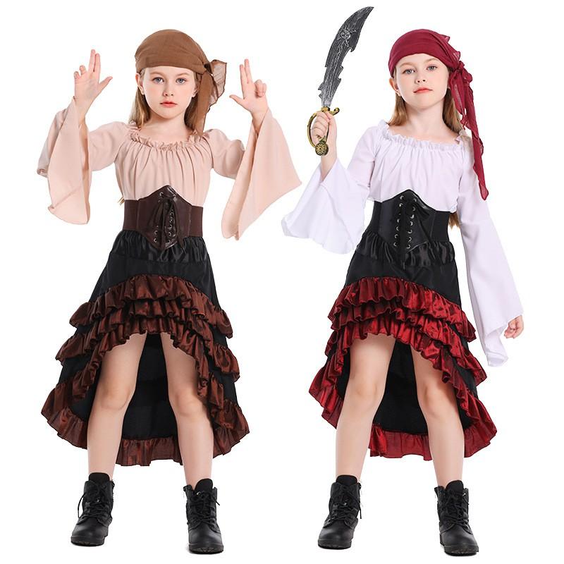 Girls Pirate Costume Set Long Sleeve Blouse High Waist Mermaid Skirt Halloween Performance Dance Outfit