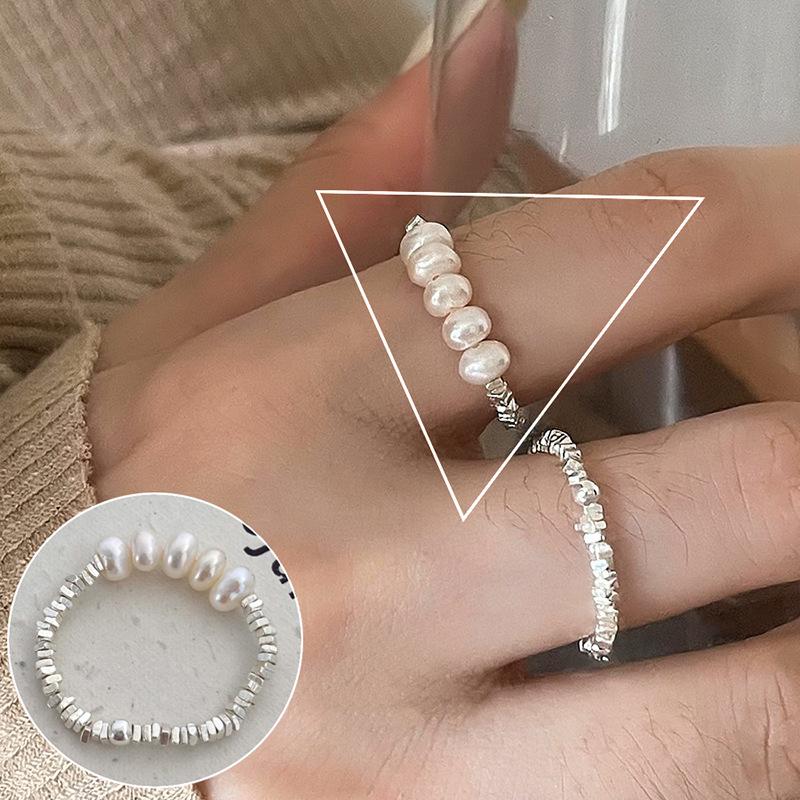 Bague ouverte vintage en argent S925 plaqué perle pour femmes