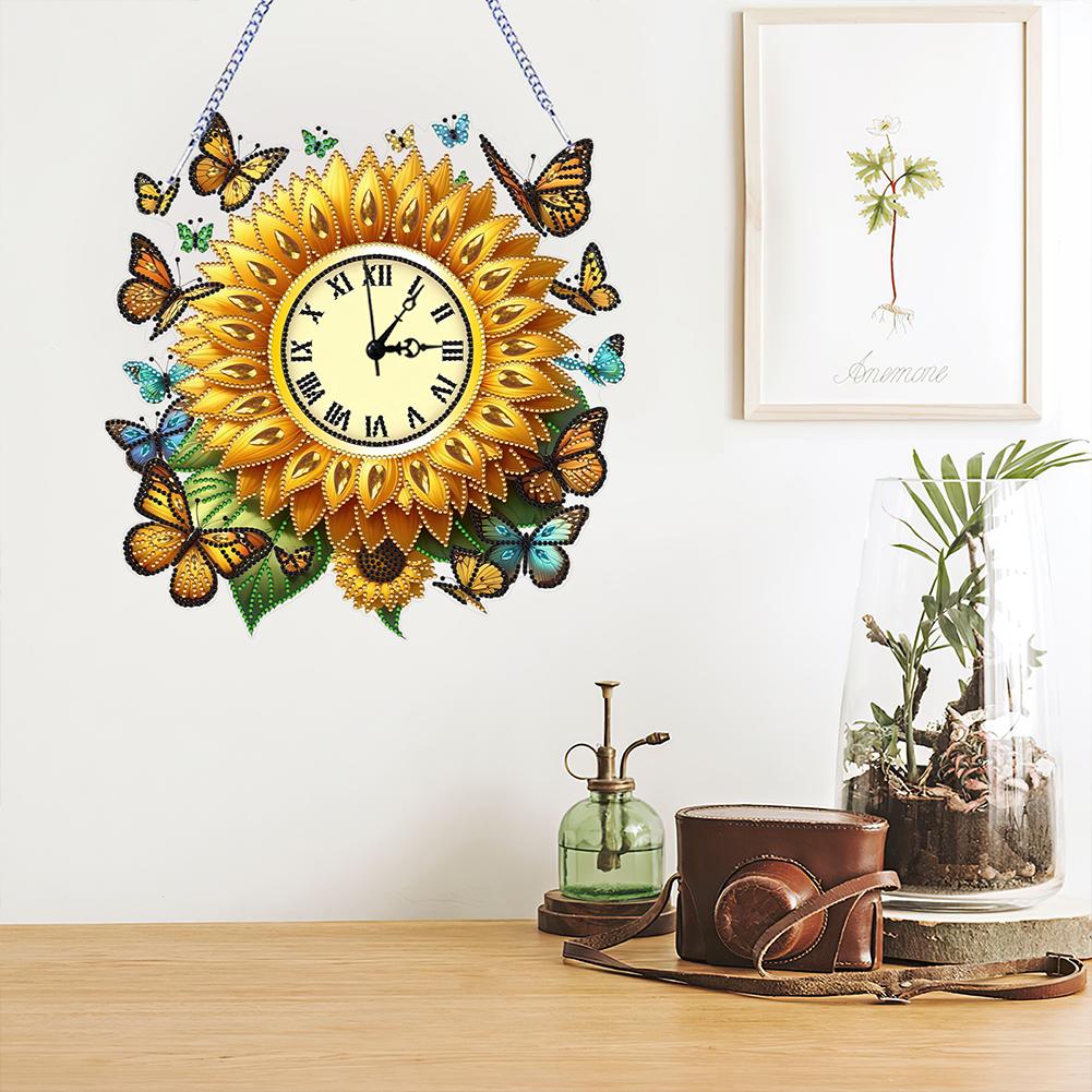 2D Flat DIY Sunflower Acrylic Special Shape 5D Hanging Clock Art Craft Diamond Art Clock Pendant Kit for Living Room Decoration