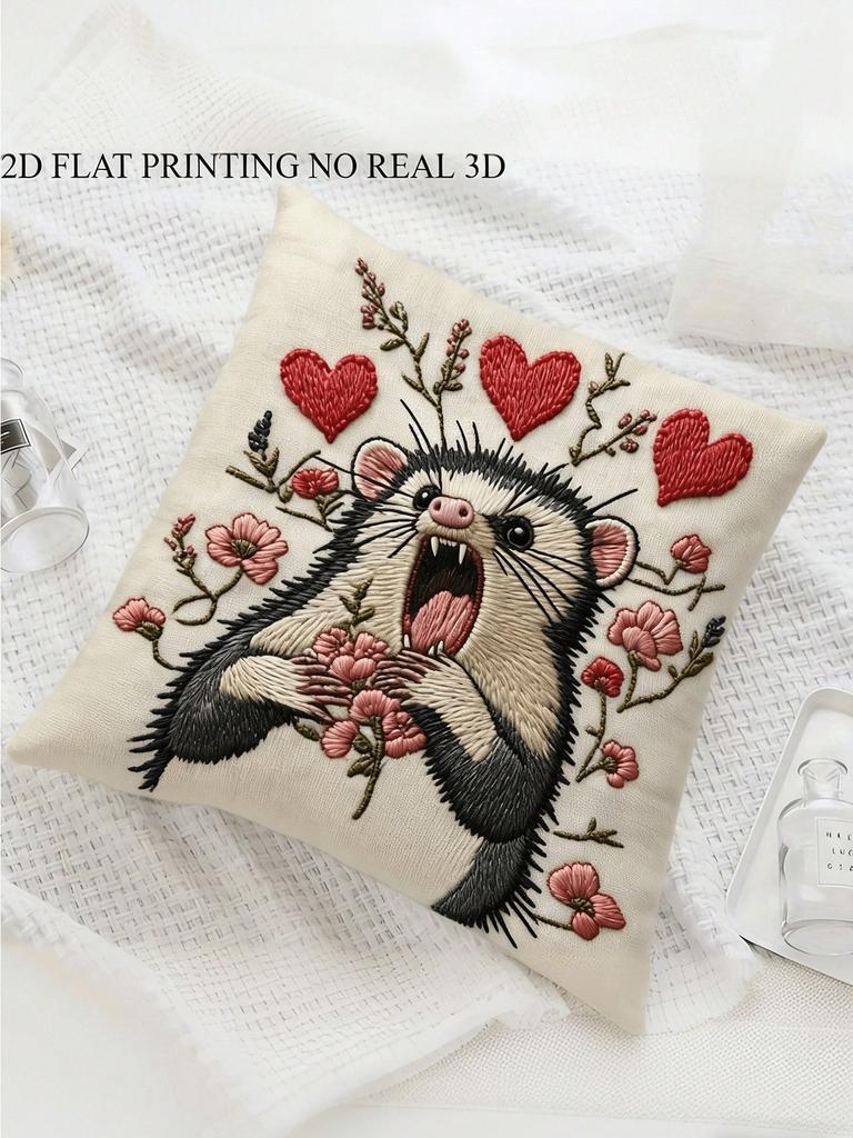 Possum Heart Embroidery Pillow Cover Double Sided 2Dprint Bold Stylish Pillow Cover Bedroom Living Room Sofa Whimsical Vibe Gift