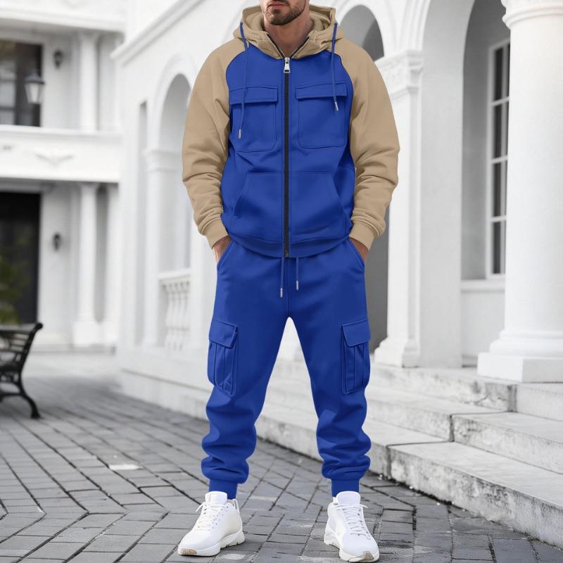 Mens Color Block Raglan Sleeve Hooded Zip Up Cargo Sweatshirt And Jogger Pants Two Piece Set