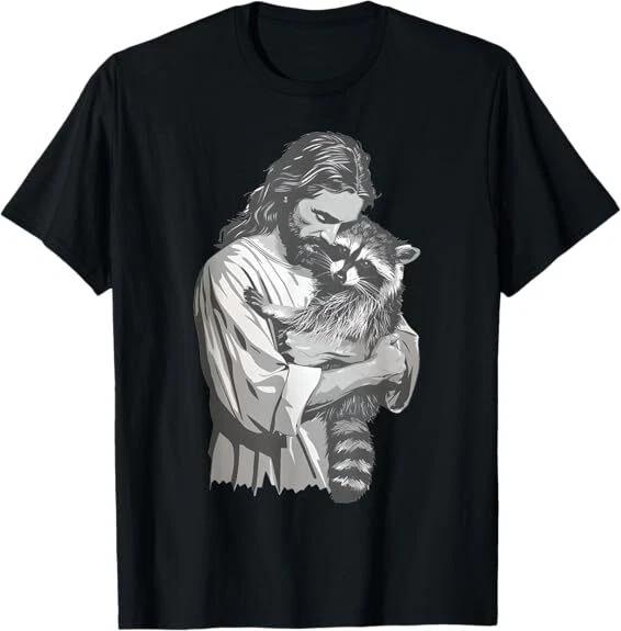 Jesus Holding A Raccoon Design Best T-Shirt S-3XL XXL