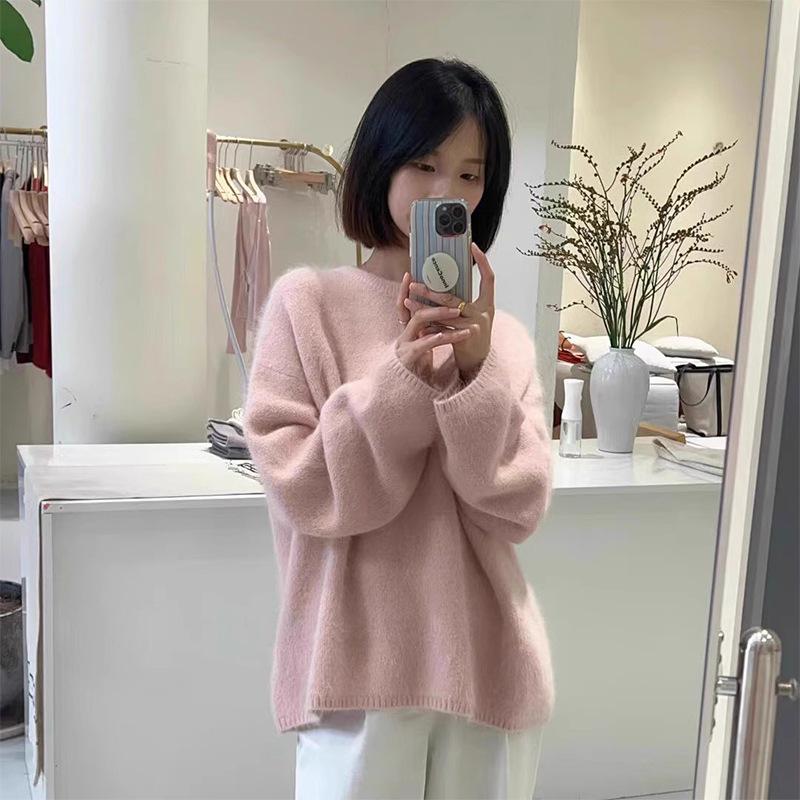 Women's Winter Soft Pink Velvet Round-Neck Sweater