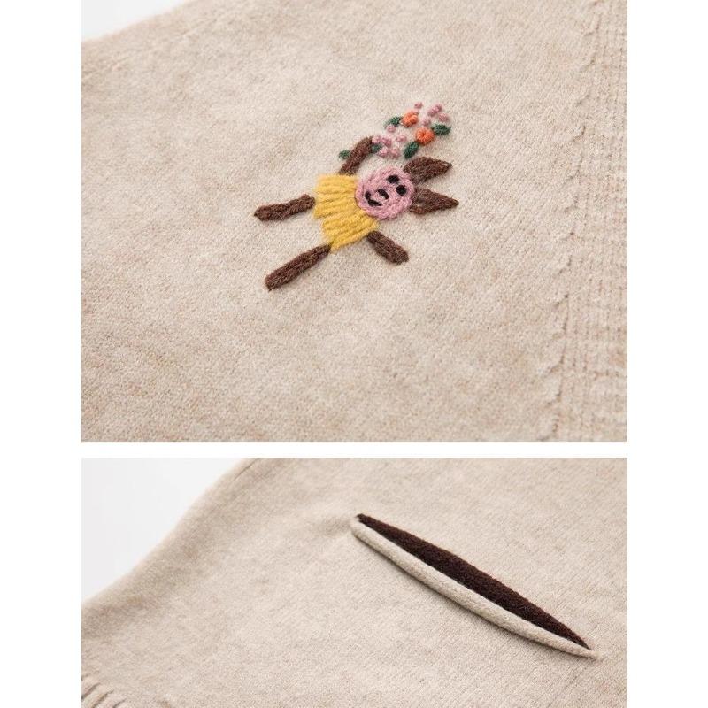 Vintage Fried Dough Twists V-neck Knitted Vest for Women Spring Autumn Hand Embroidered Vest