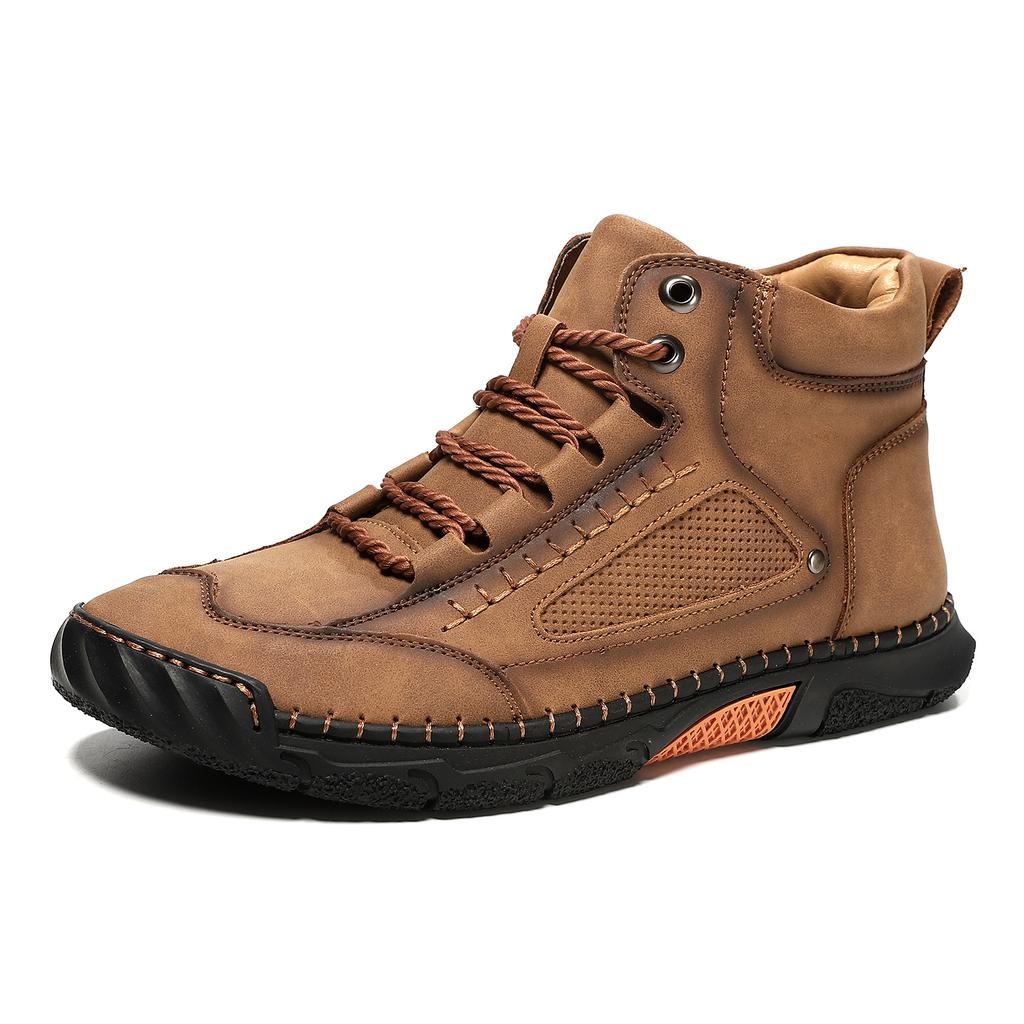 Large Size Men's Shoes Leather Boots Men's Fashion Stitching Shoes Ankle Boots Flat Lace-Up Martin Boots Outdoor High Top Shoes