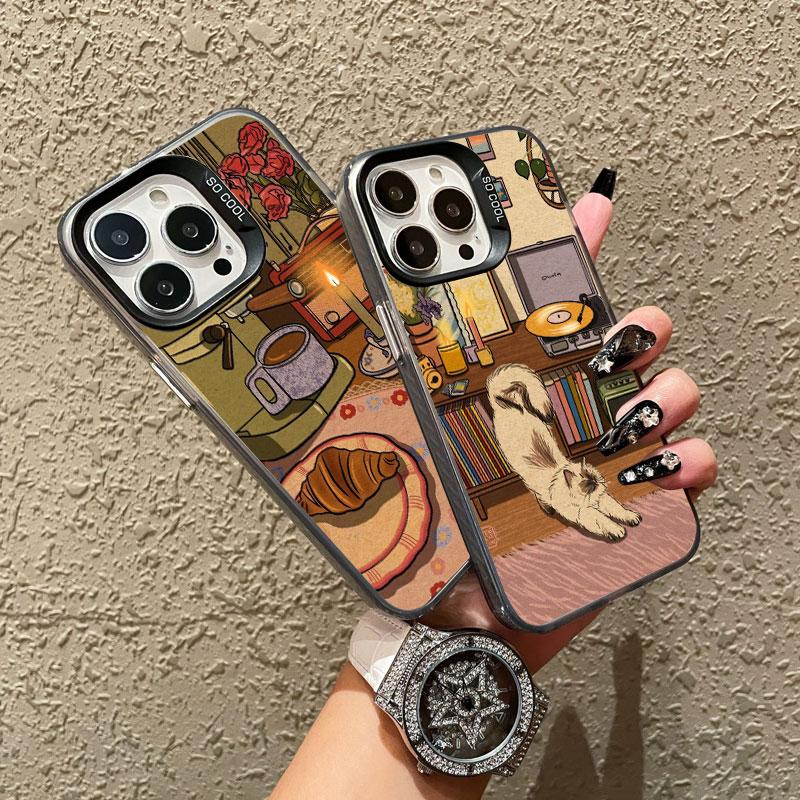 Vintage Sleepy Cat & Home Furnishings Artistic Laser Phone Case For iPhone 11 12 13 Mini Pro Max 17 16 15 14 Pro Max Plus Covers