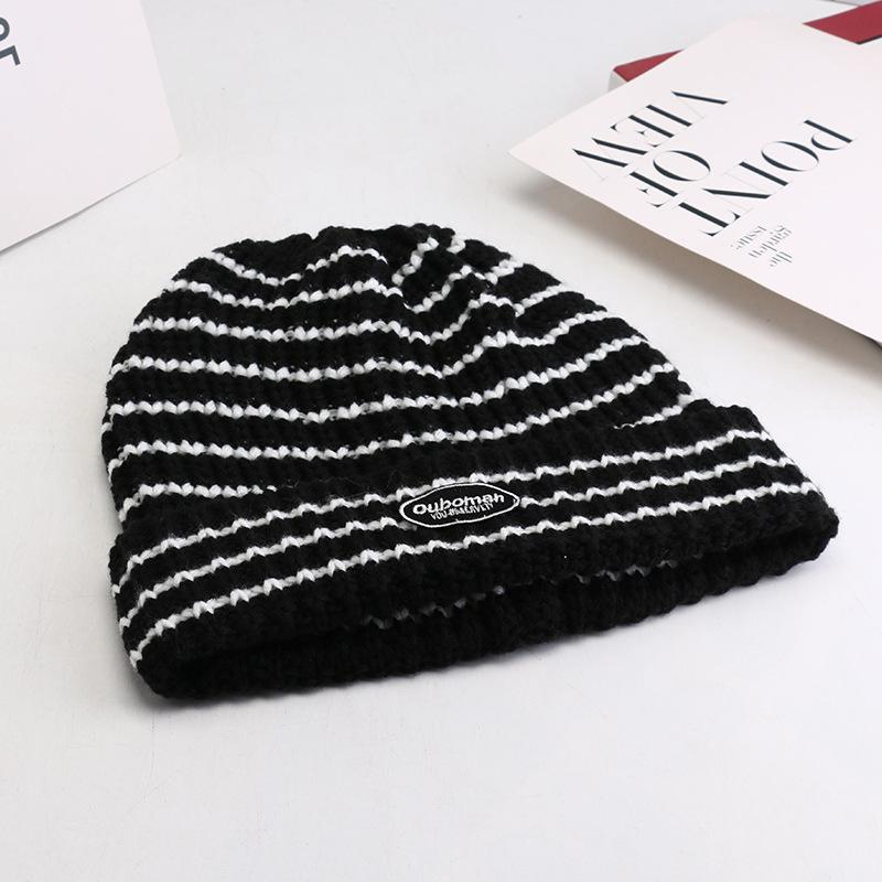 New Korean Version of Versatile Knitted Hat for Women's Trendy Warm Striped Wool Hat Big Head Ear Protection Cold Hat