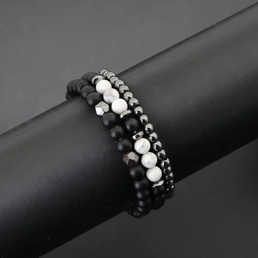 New 3Pcs Natural Stone Beads Bracelet Set With Black Onyx Tiger Eyes Hematite Healing Braclet Gifts For Him Lava Accessories