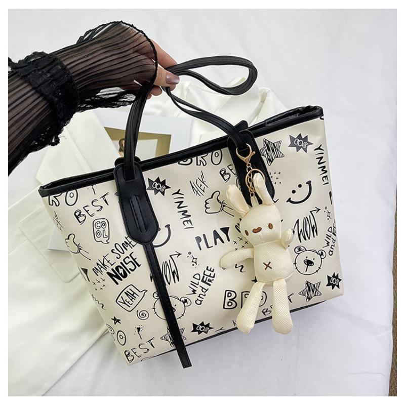 Contrasting color big bag women's spring summer new cute cartoon printed shoulder bag versatile trendy tote bag