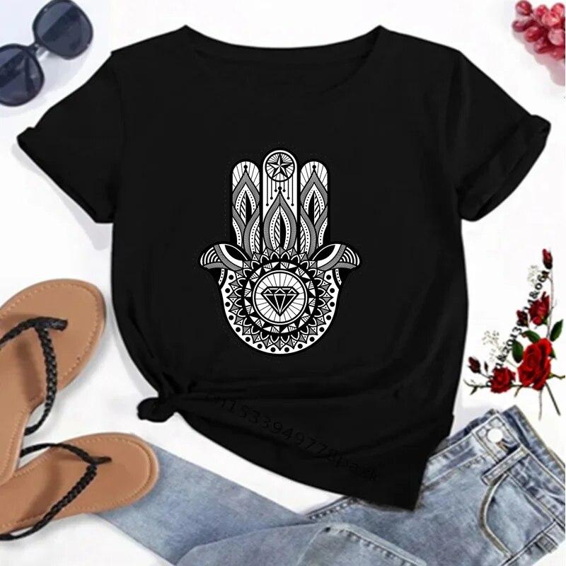 Hamasa Hand of Fatima Tryck WoUnisex T-shirts Lyckobringande Hamsa Hand Harajuku Unisex T-shirts Sommar Kort Ärm Svart Topp T-shirts FeUnisex Unisex
