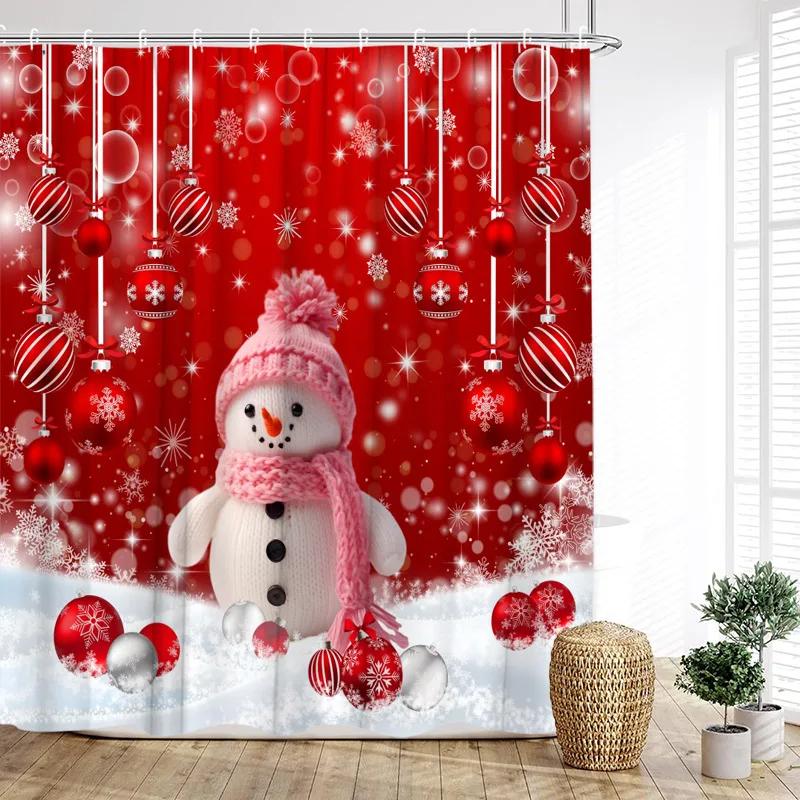 GAEFunny Red Santa Claus Shower Curtain Gold Xmas Balls Gifts White Snowflakes Winter Christmas Bath Curtains Home Bathroom De