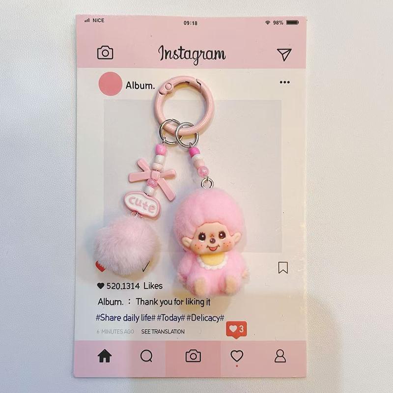 Resin Flocking Monchichi Keychain Cute Monkey Baby Trendy Keyring Cartoon Pendent Keys Bags Hanging Accessories Small Gifts
