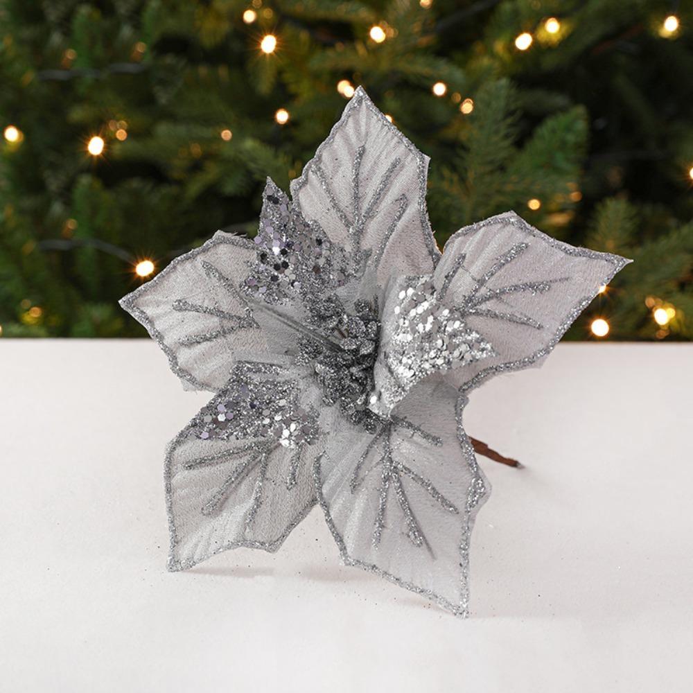 Fabric Plastic Christmas Artificial Flowers 24cm DIY Decoration Fake Flower Ornaments 5 Colors Xmas Tree Decorations New Year