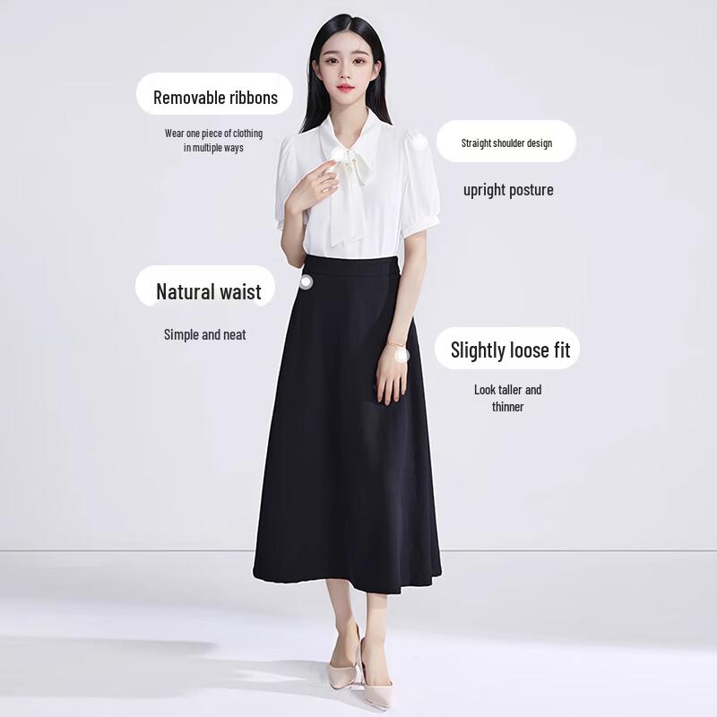 Women's Detachable Bow Short Sleeve Chiffon Blouse