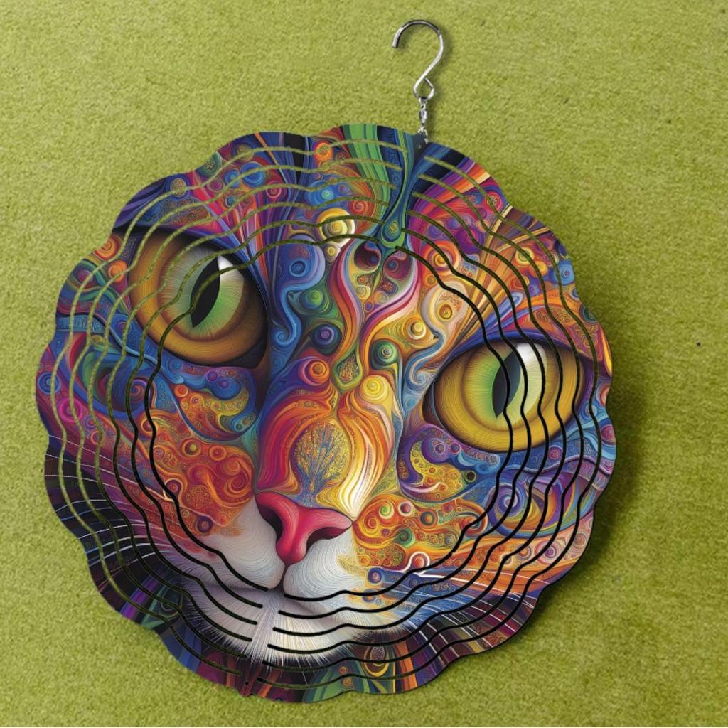 Metal Colorful Cat Wind Chime Handmade Outdoor Garden Decor Vibrant Swirling Patterns No Electricity Needed for Patio