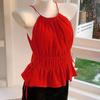 Women's Sexy Red Camisole T-shirt Summer New Style with Straps and Waist Cinching Top