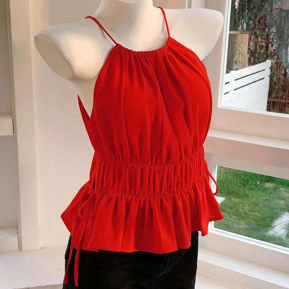 Women's Sexy Red Camisole T-shirt Summer New Style with Straps and Waist Cinching Top