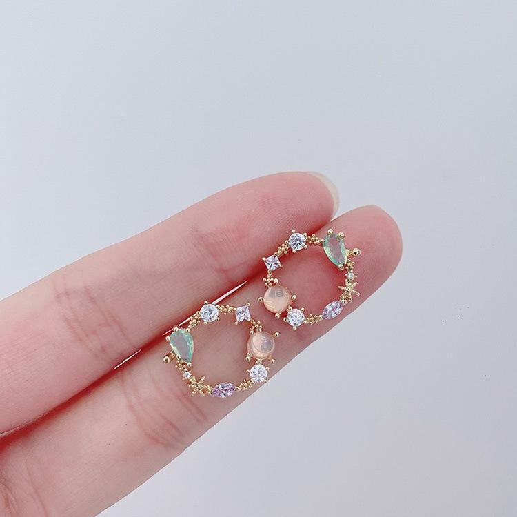 Neue klassische runde rosa grüne Kristall-Ohrstecker für Frauen, süße Blumen-Circle-Schmuck, Mode, YSL