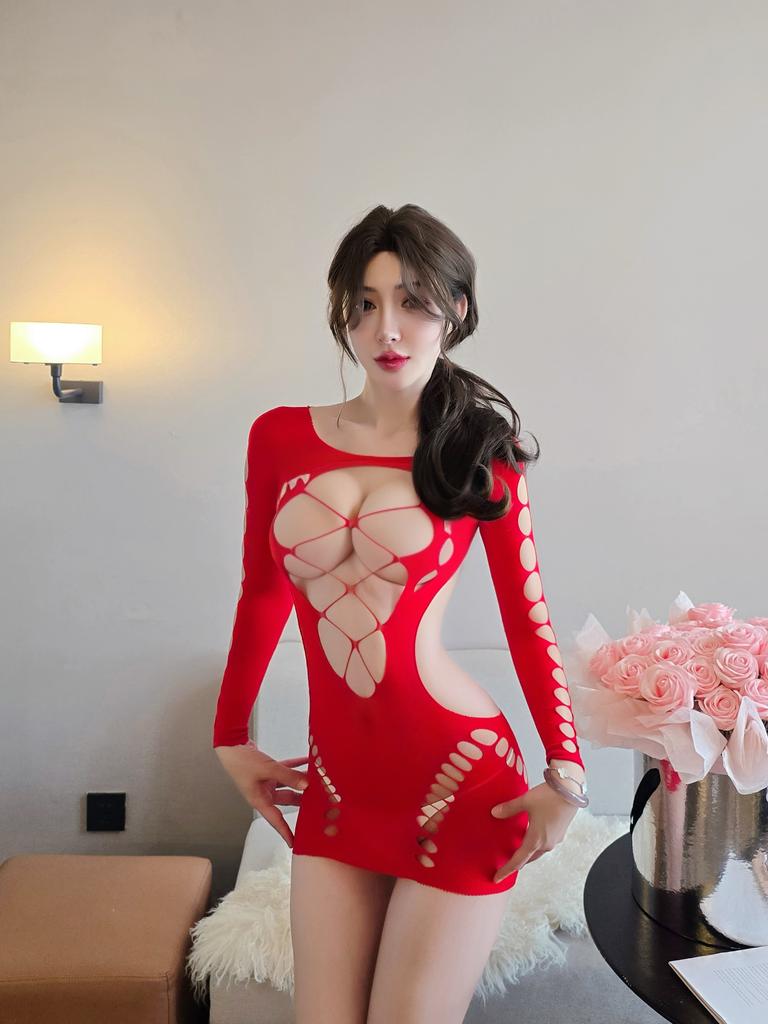 Wholesale Sexy Lingerie Fishnet Bodystocking Women Long Sleeve Cutout Mini Dress Erotic Hollow Out Chemise Adult Clubwear