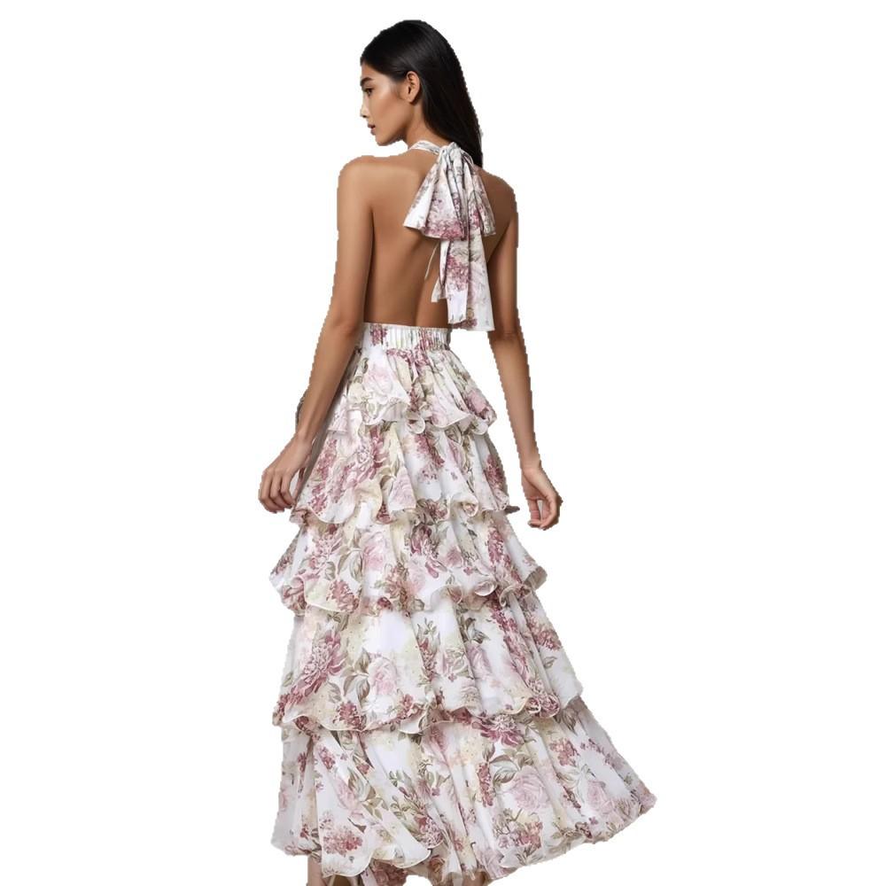 New In Spring, European and American Women's Dress Is Fashionable and Sexy V-neck Suspender Multi-layer Printed Dress