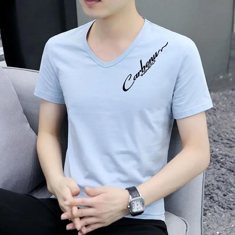 Top V Neck Streetwear Blue Clothing Alphabet Man Tee Shirts Smooth T Shirt for Men Summer Chic Fashion Hot High Quality Xl S