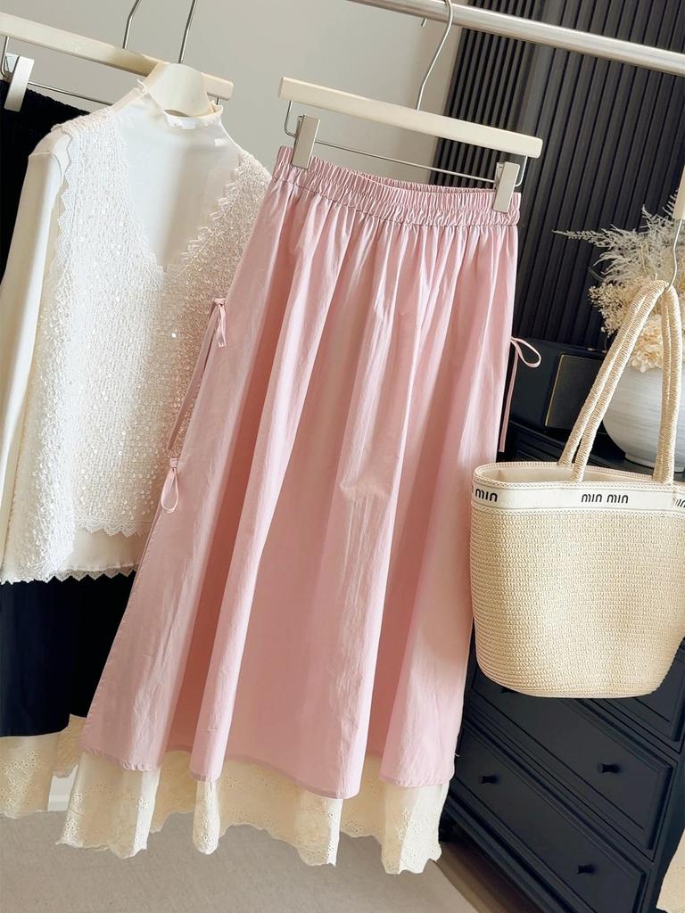 Elegant Spring 2026 Bow High-Waisted A-Line Skirt with Lace Trim
