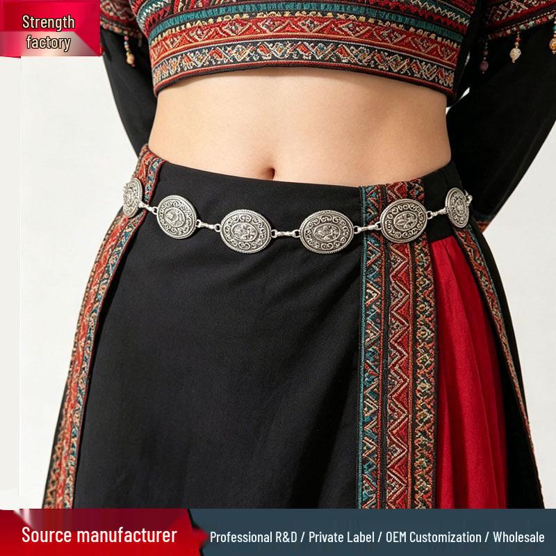 Ethnic Style Old Silver Waist Chain with Retro Carved Round Design - Versatile Clothing Accessory