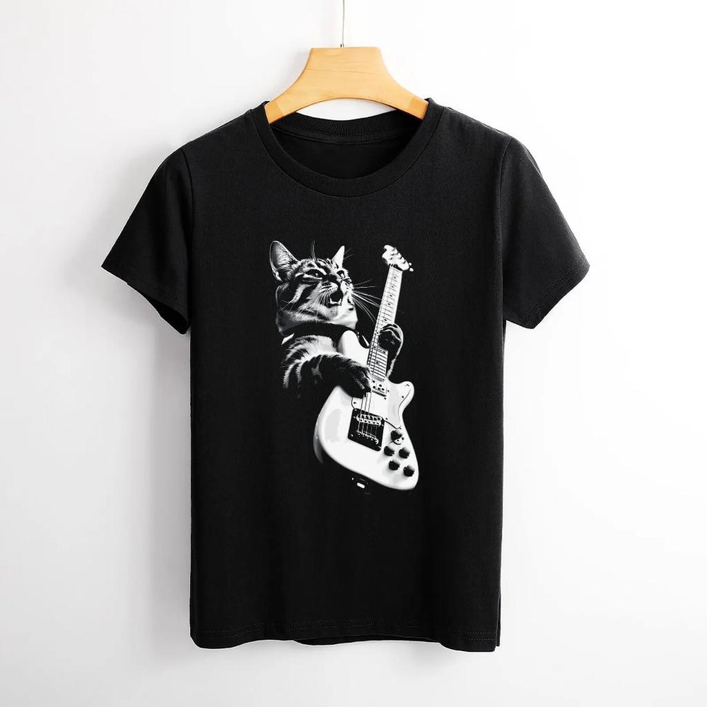 Rock Cat Playing Guitar Funny Guitar Print T Shirt for Women Graphic Shirt Casual Short Sleeved Black Female Tee O-neck T-shirts