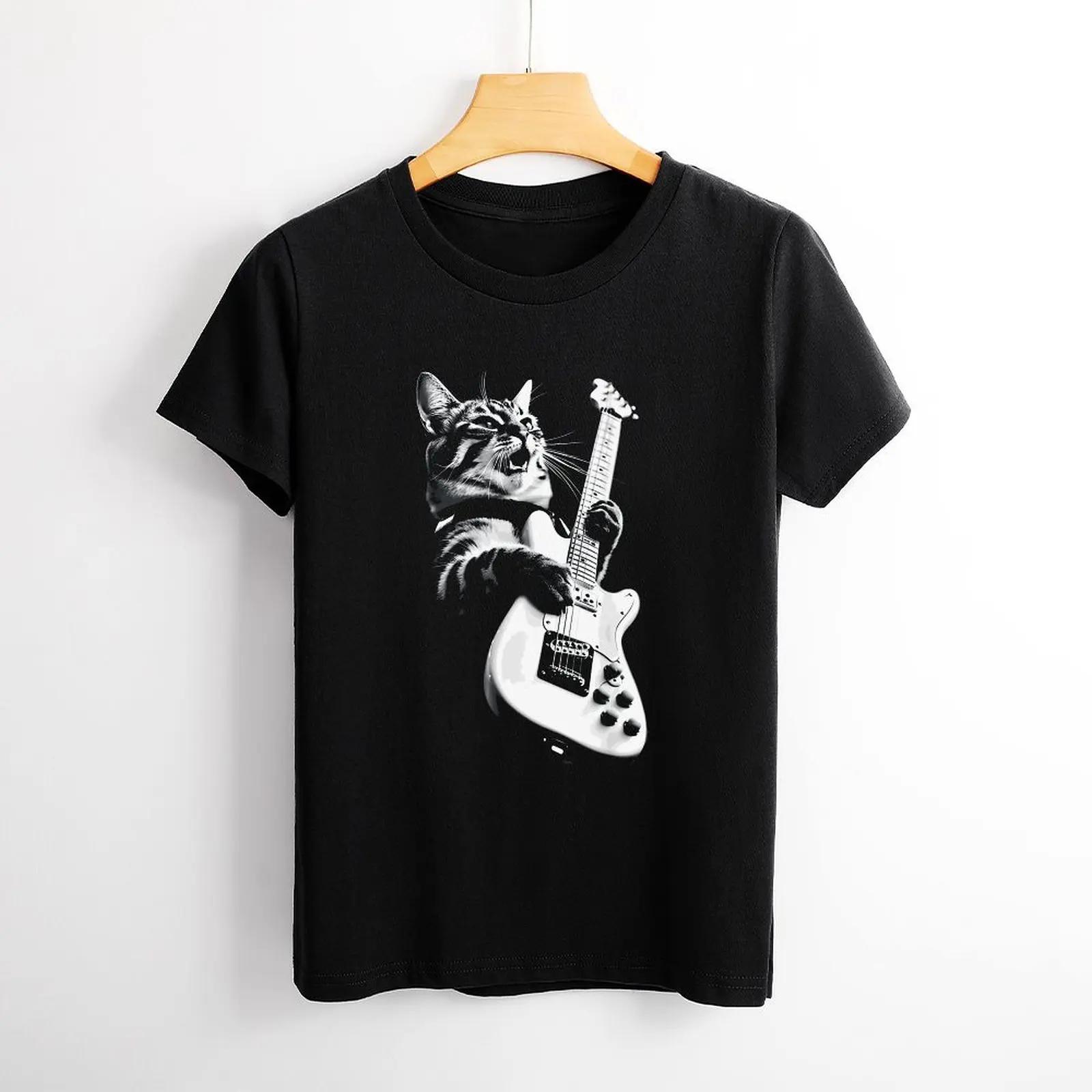 

Рок-кот, играющий на гитаре, забавная футболка с принтом гитары для женщин, рубашка с рисунком, повседневная черная женская футболка с короткими рукавами и круглым вырезом 3XL