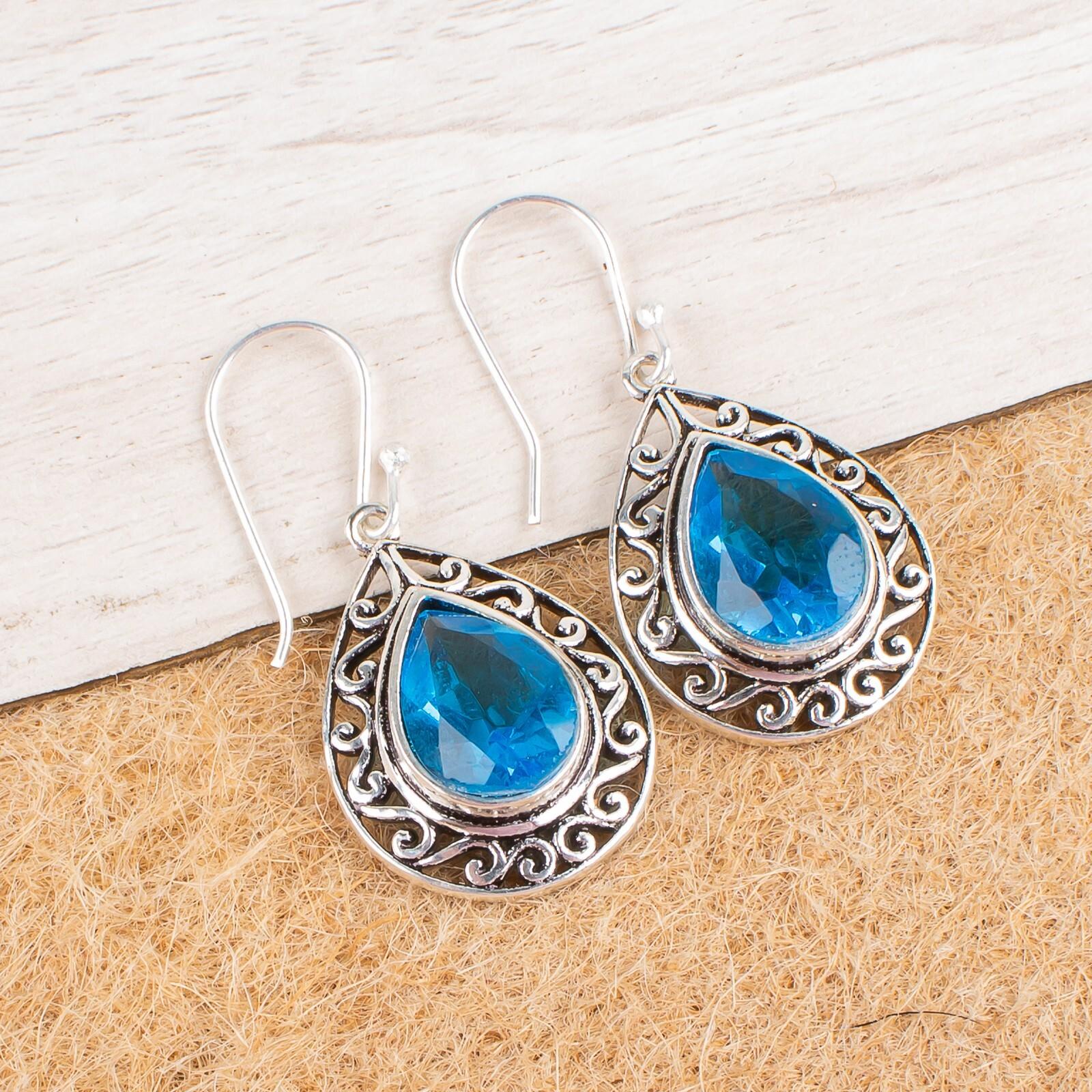 

Swiss Blue Topaz Gemstone 925 Sterling Silver Jewelry Handmade Earrings 1.72 CE-4-8