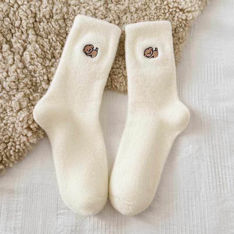 Embroidered Puppy Socks Season Mid-Tube Socks Cute Cartoon Velvet Thickened Thermal Home Floor Sleeping Socks