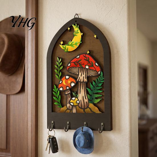 Entryway Organizer for Keys Bohemian Wooden Key Hanger, Decorative Wall Mounted Holder with 4 Metal Artistic Hooks Small Items Hooks, Hanging