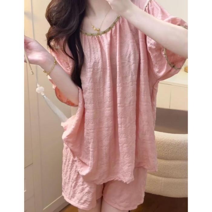 

New casual and comfortable pajamas women s short-sleeved shorts national style jacquard cloud cotton solid color suit loungewear outside M