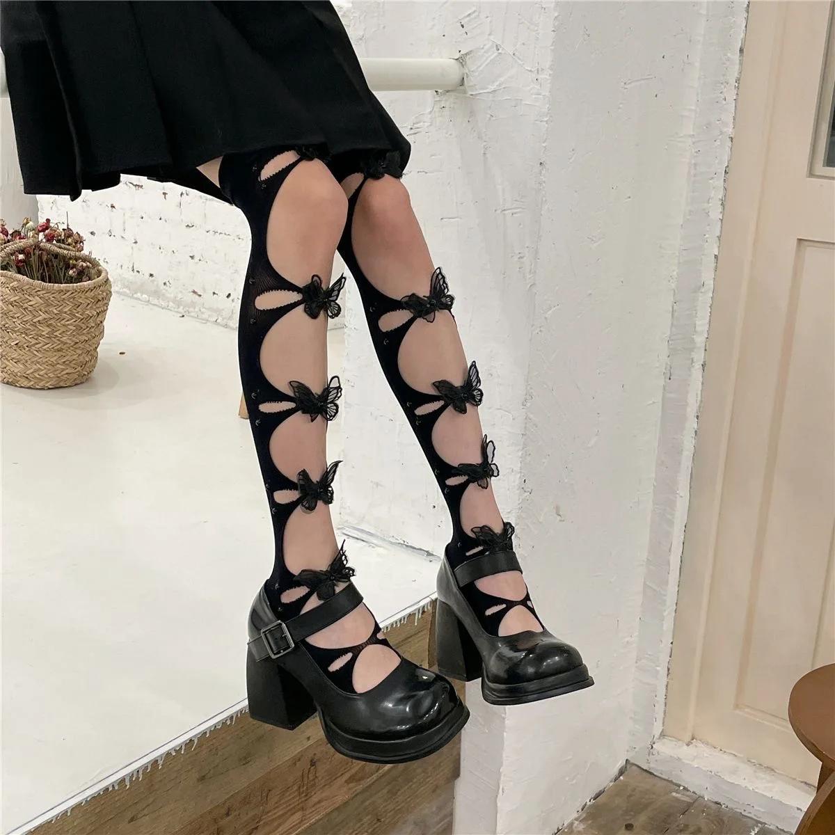 Lolita Oberschenkel Kniestrümpfe 3D Schmetterling Sexy Schwarze Strümpfe Niedliche Y2K Damen Spitze Muster Oberschenkelhohe Strümpfe Unterwäsche Strumpfhosen one size white