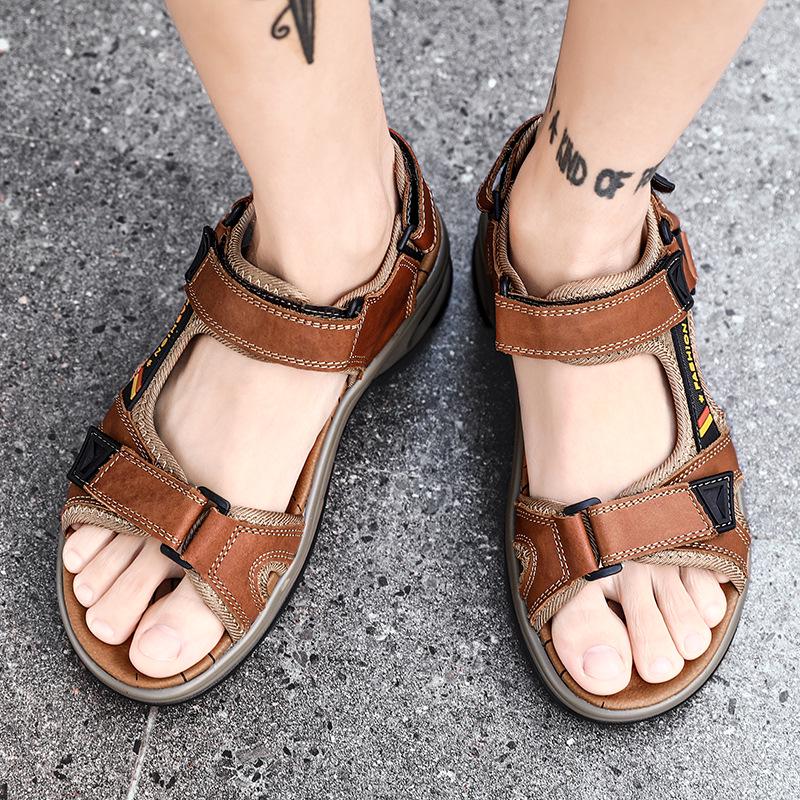 Men's Casual Genuine Leather Open-Toe Beach Sandals with Air Cushion - Lightweight and Plus Size for Outdoor Activities.