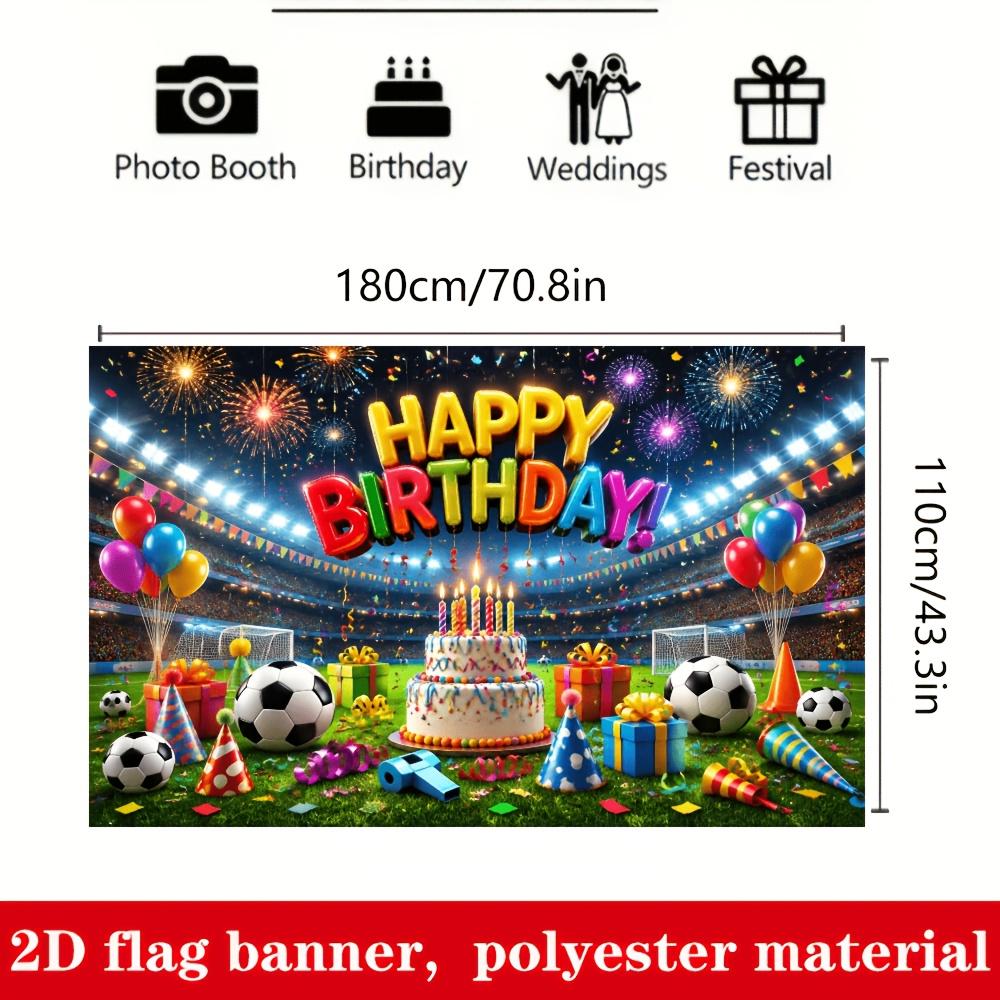 Soccer Birthday Party Backdrop Banner, Soccer Field Fireworks Balloons Cake Gifts Happy Birthday, Polyester Indoor Outdoor Photo Background