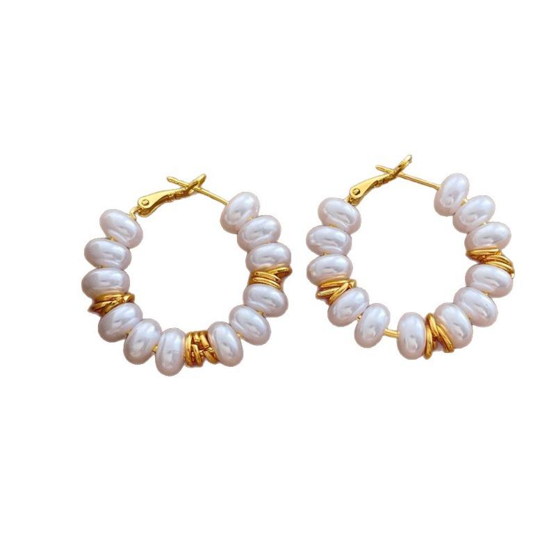 Temperament Double Color Faux Pearl Circle Hoop Earrings For Women Real Gold Plated Copper Wedding Casual Jewelry