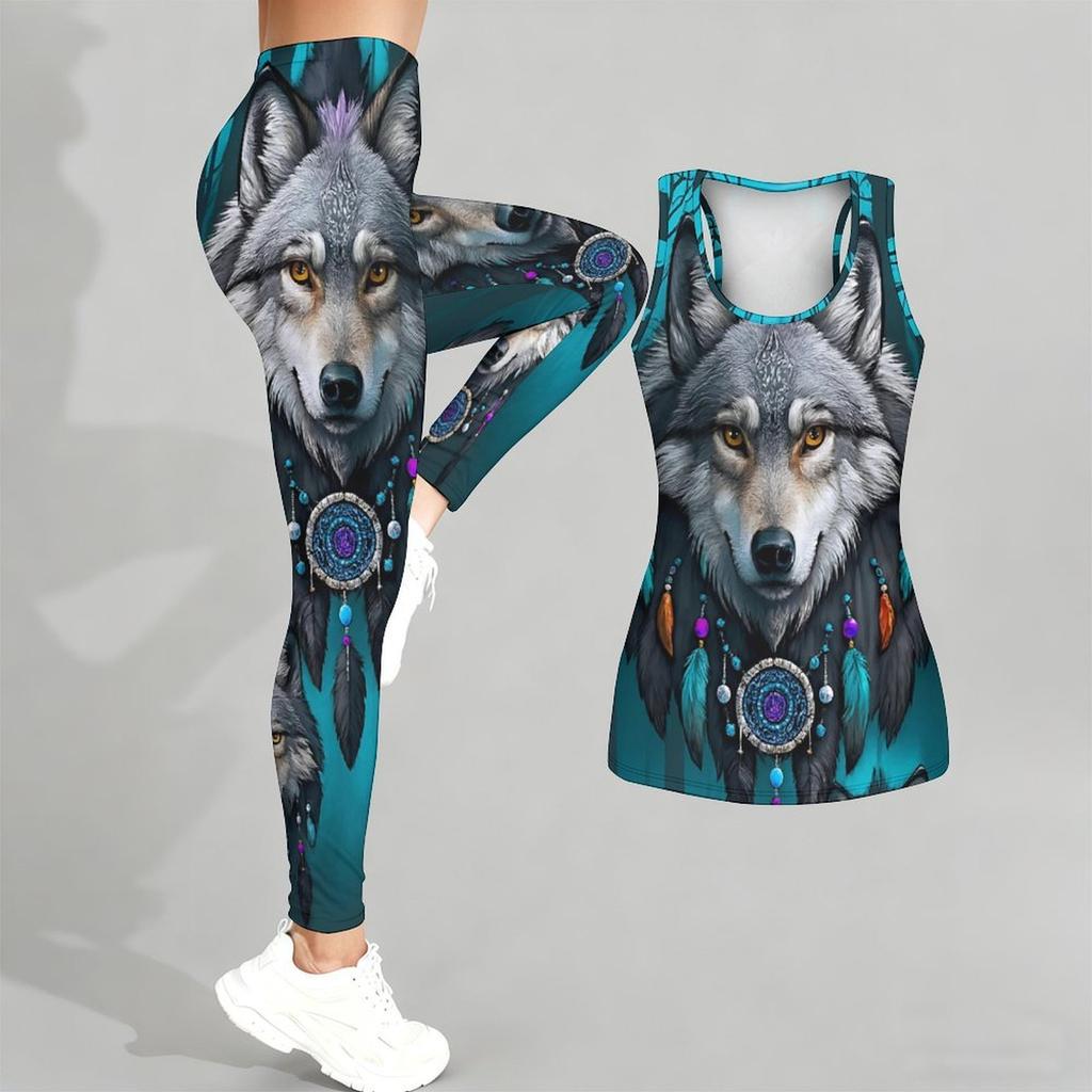 Cunning Wolf Pattern Print Yoga Outfit for Women Fashion Workout Leggings Fitness Sports Casual Yoga Set Sports Suit