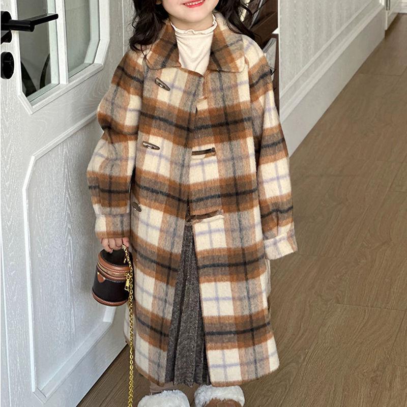 2025 Mädchen Koreanischer Stil Karierter Wollmantel - Mittellang Herbst/Winter Modetrend